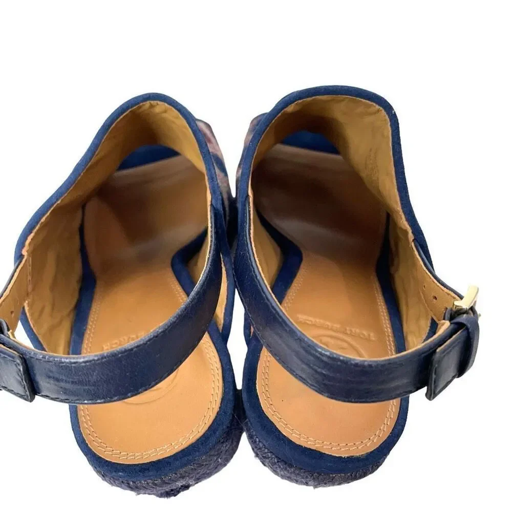 Tory Burch Trinity suede embroidered block heel‎ sandals heels Size 8.5 blue